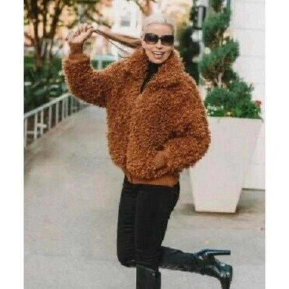 Wild Fable Women’s Long Sleeve Zip-Up Sherpa Jacket, Cognac Brown Size L - Picture 3 of 6